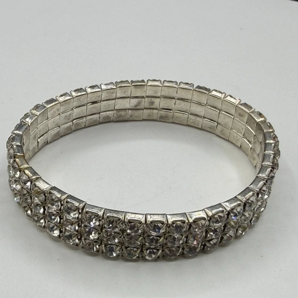 3 Row Clear Rhinestone Stretch Bracelet Silver Tone Sparkle Statement Jewelry